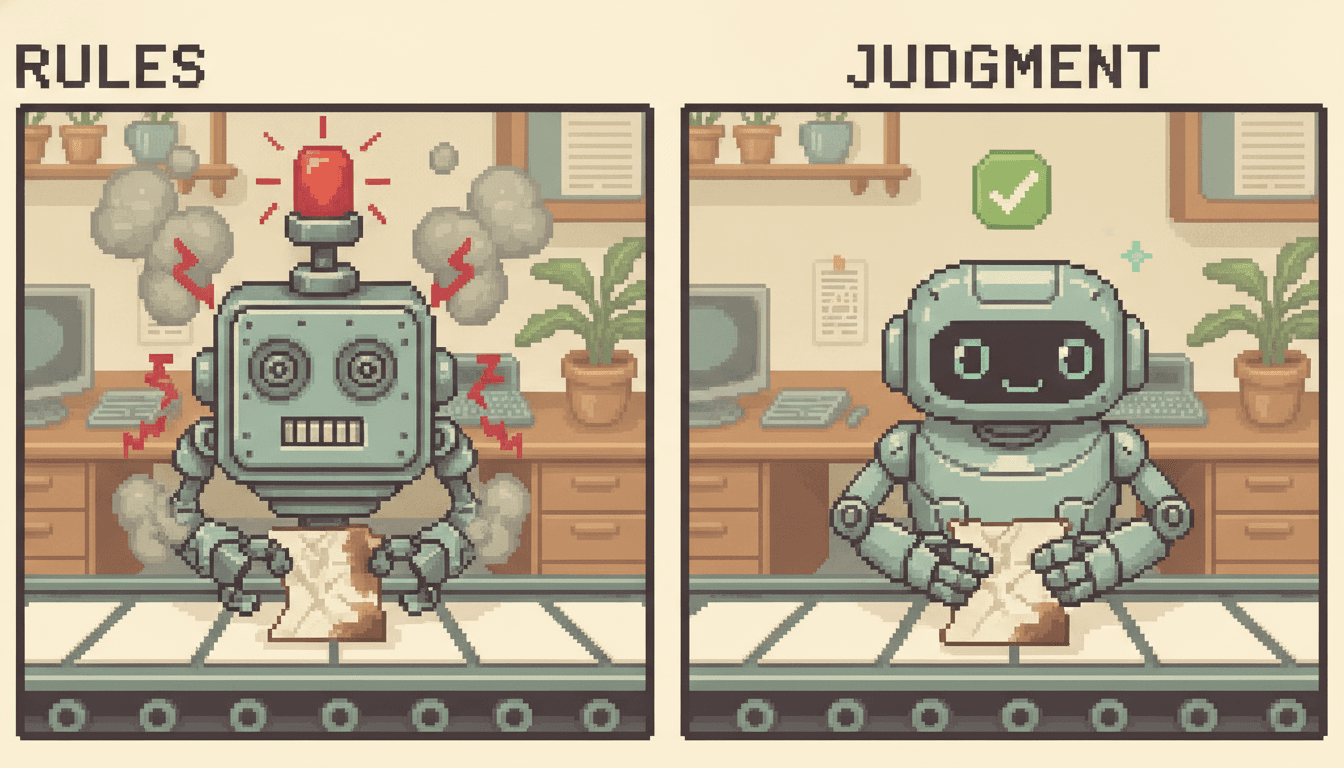 Pixel art comparison: a rule-based robot breaking on a crumpled invoice versus an AI agent calmly handling it