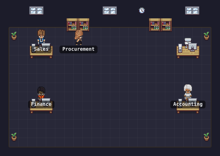 Pixel-art office with AI agents working at their desks