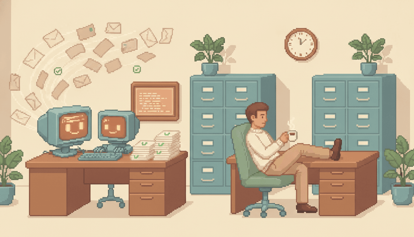 Pixel art office scene: a small robot agent processes a stream of documents at its desk while a human employee relaxes with a coffee