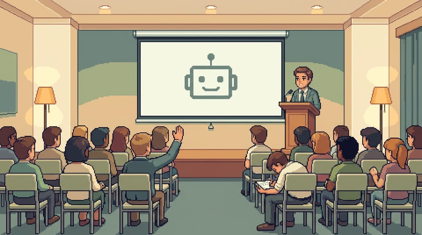 Pixel art of a seminar room where a speaker presents about AI to an engaged audience, one person raising a hand