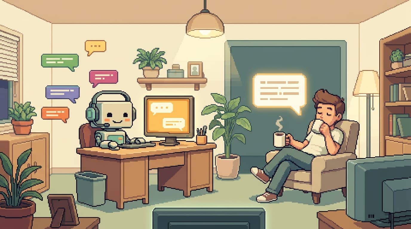 Pixel-art support desk: a friendly robot with a headset handles incoming chat messages while a human agent relaxes with one important conversation