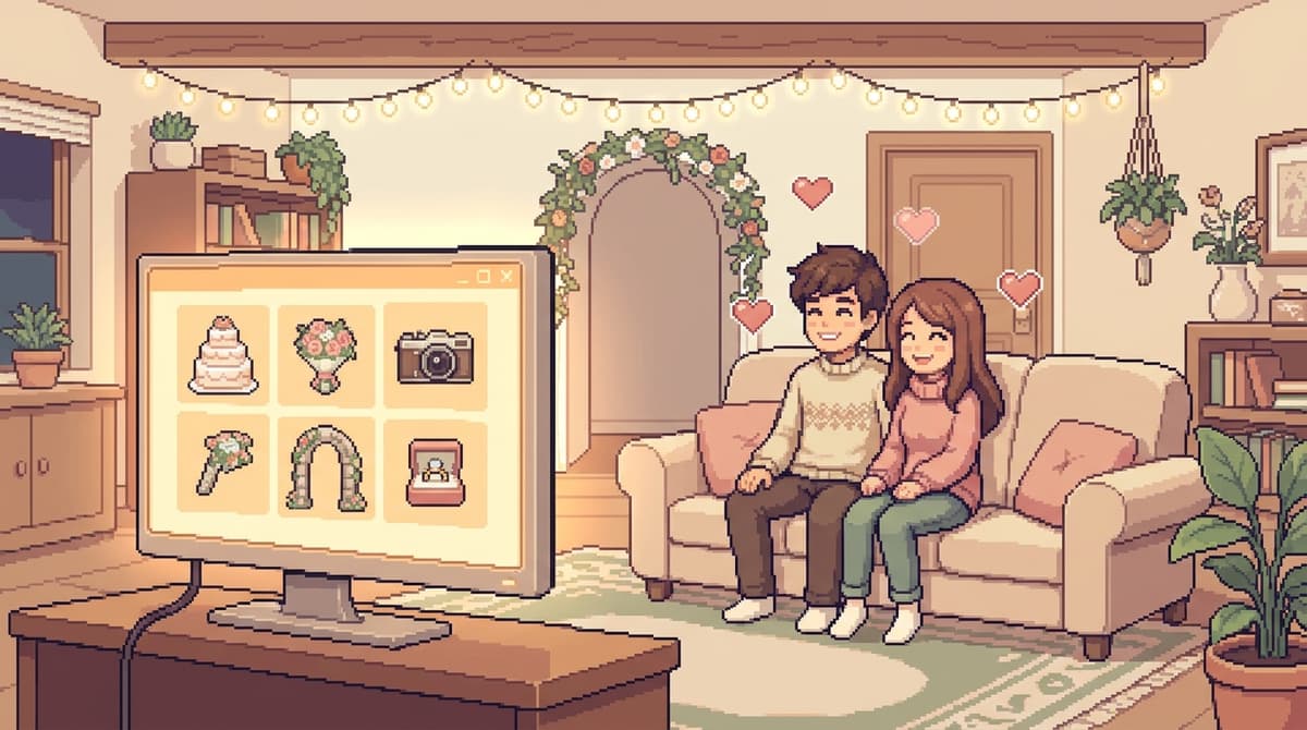 Pixel-art scene: a couple browsing a directory of wedding vendors on screen in a warmly decorated room