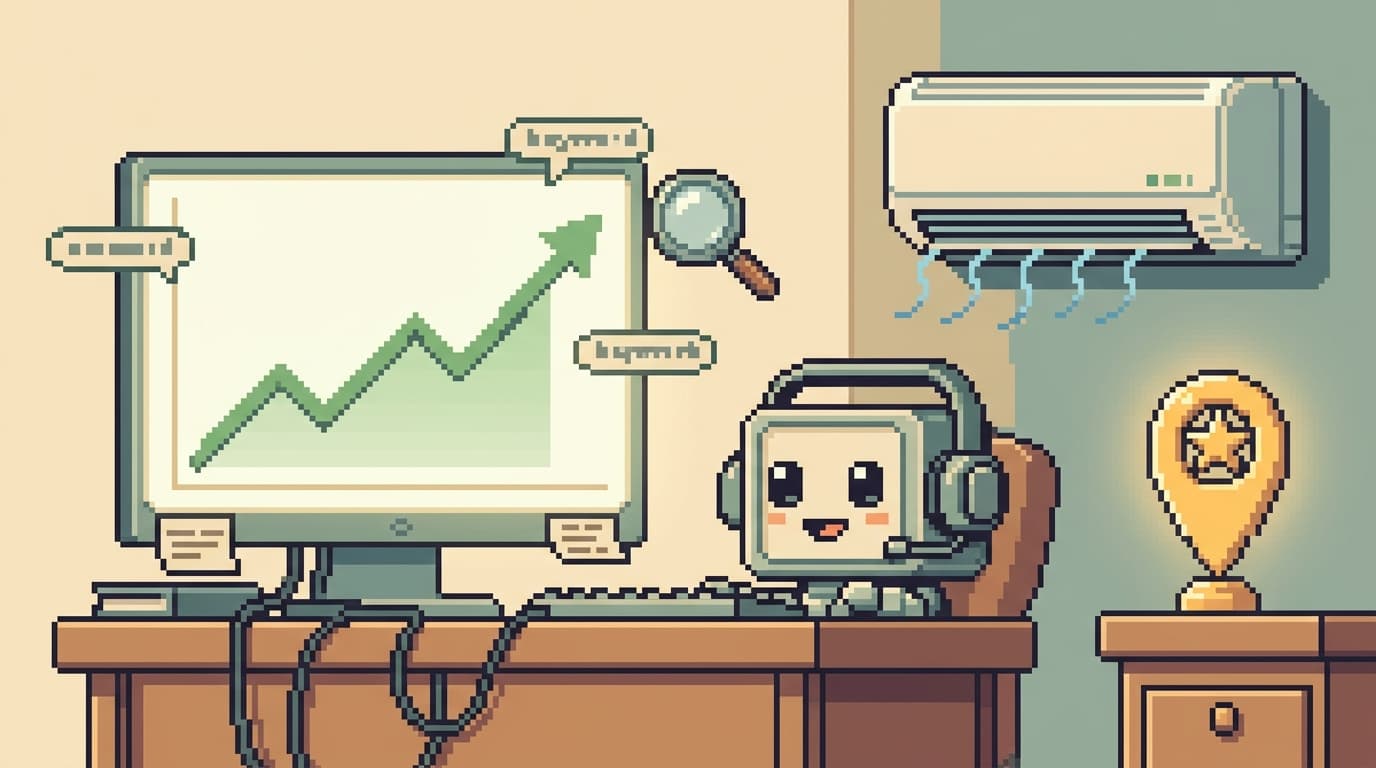 Pixel-art scene: an AI agent analysing a rising search-ranking graph beside an air-conditioner and a first-place map pin