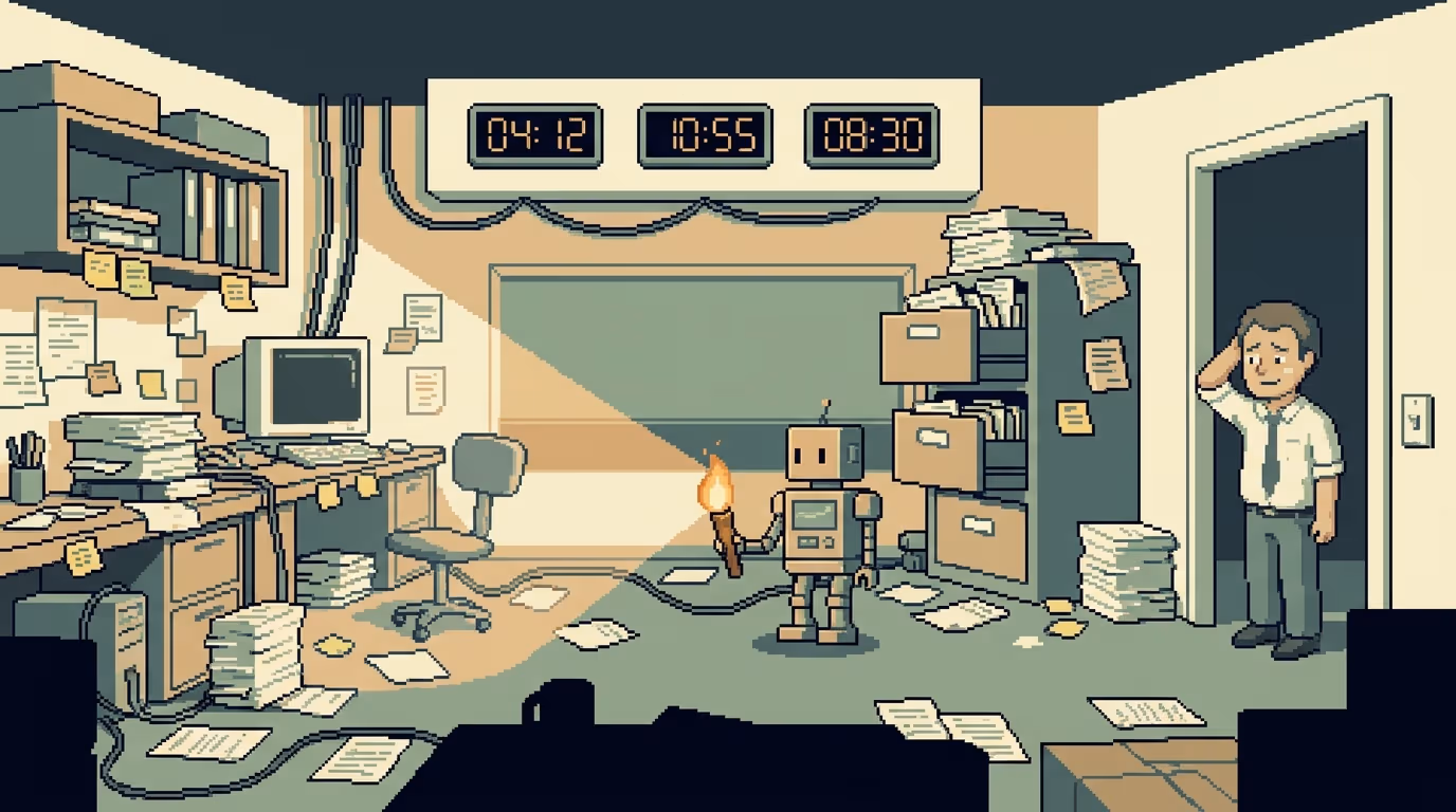 Pixel art of a small robot shining a torch on a chaotic office full of scattered papers and tangled cables while the owner looks on sheepishly