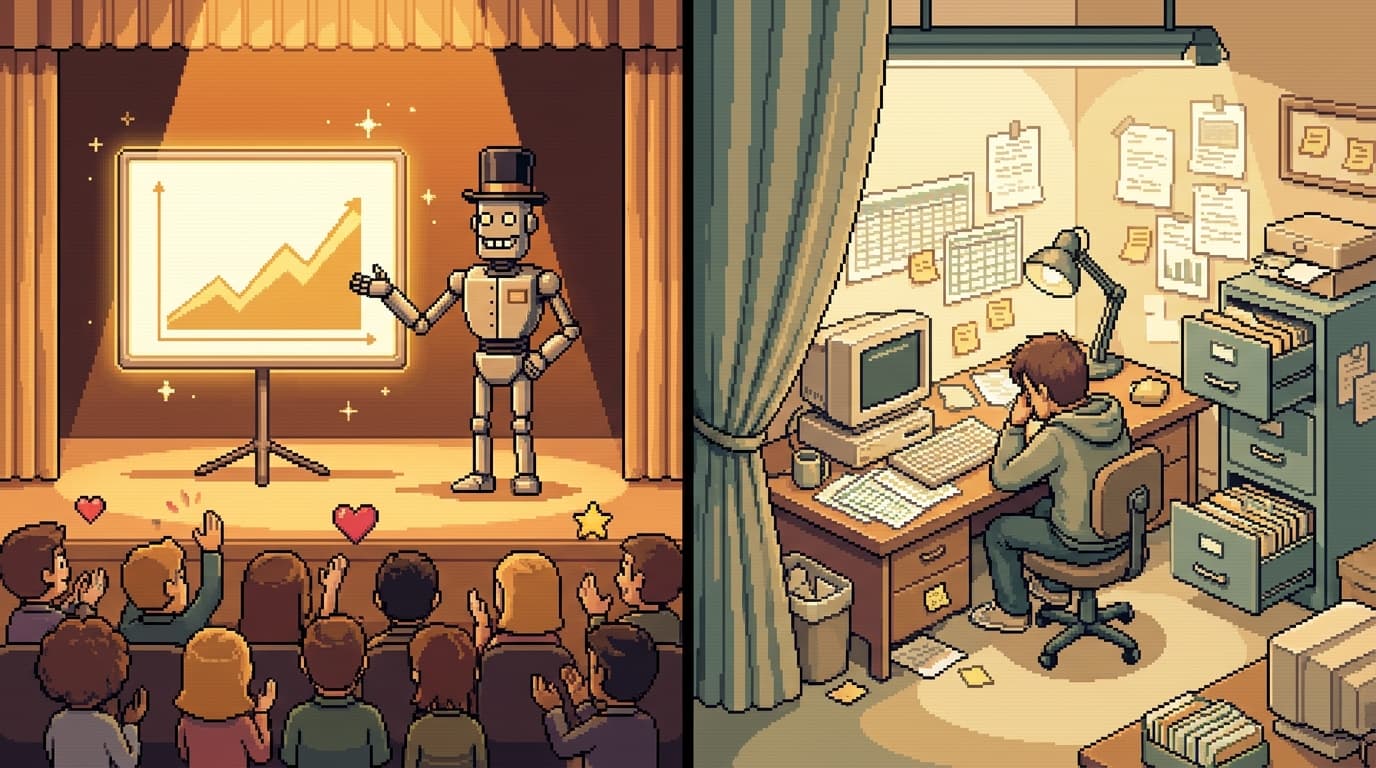 Pixel art two-panel: a polished robot presenting a slick demo on stage, while backstage the vendor's own office runs on paper spreadsheets