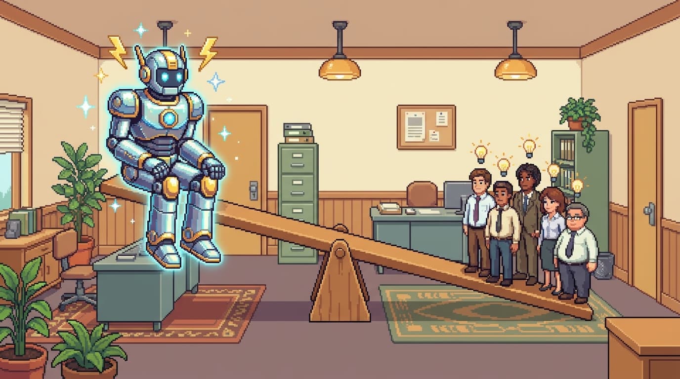 Pixel art seesaw: a giant glowing robot is outweighed by a small group of people with lightbulb ideas