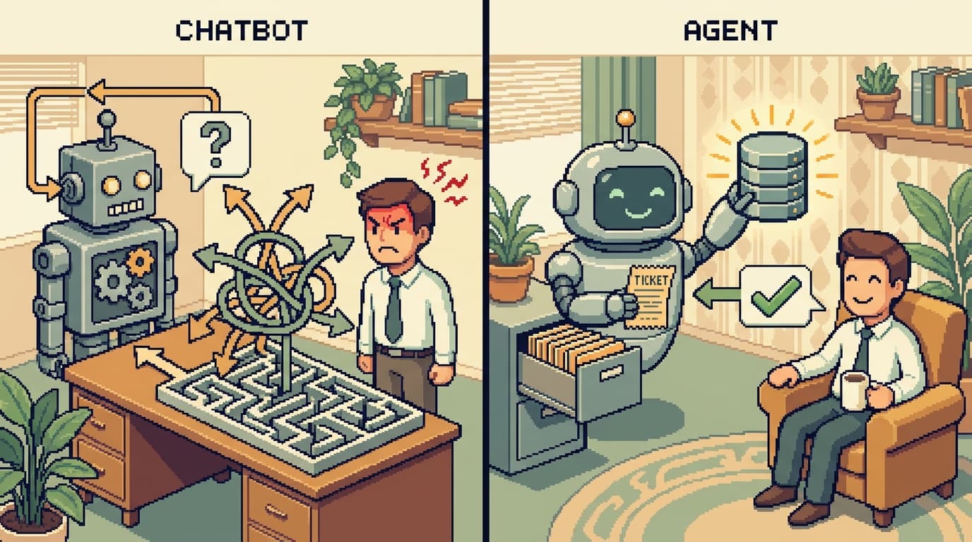 Pixel-art comparison: a chatbot stuck in a decision-tree maze with an annoyed customer, versus an AI agent resolving a ticket from a database with a happy customer