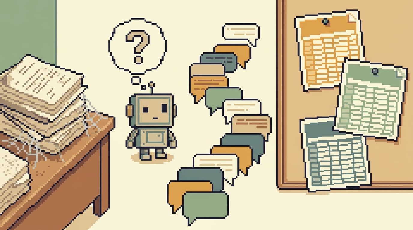 Pixel art of a confused robot facing a dusty document, a trail of chat bubbles, and three mismatched spreadsheets