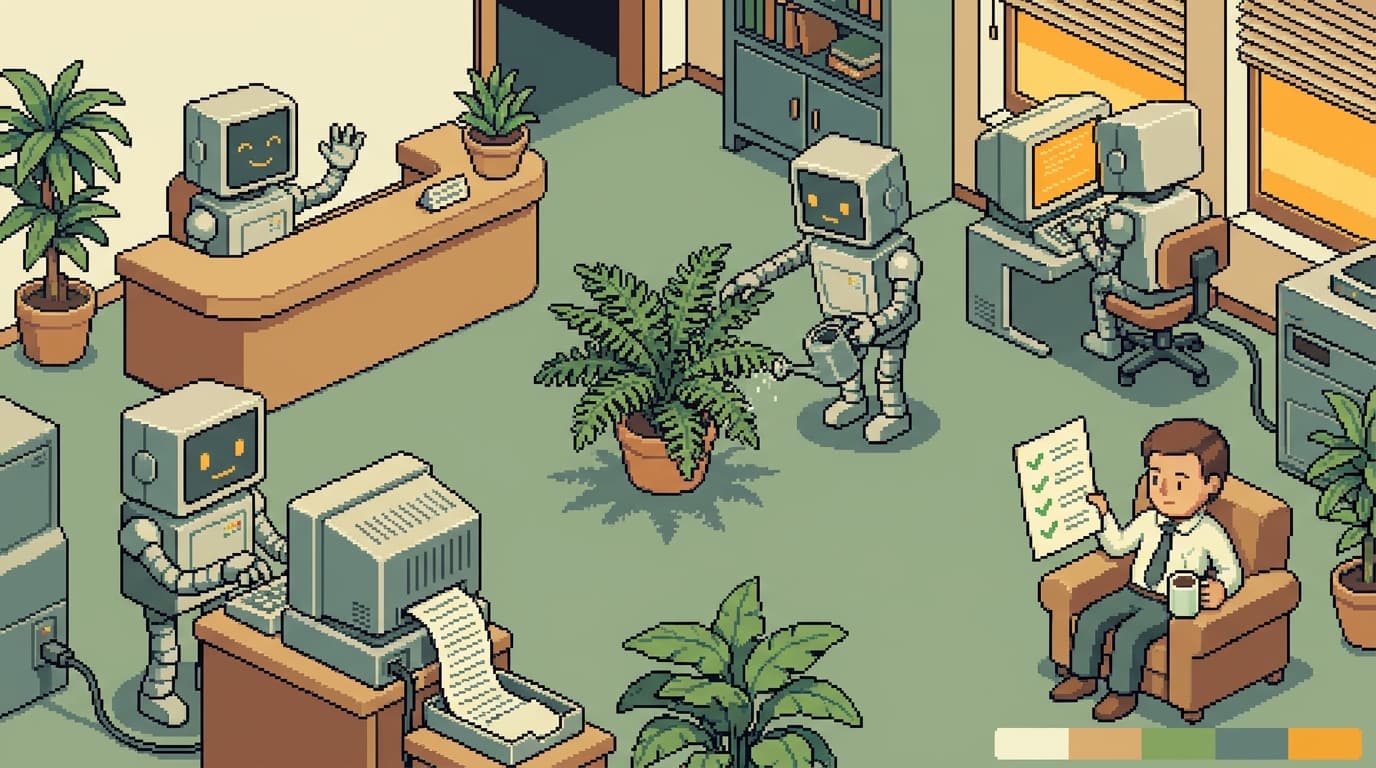Pixel art of an office run by friendly robots — reception, content desk, integrations — while one human reviews a checklist with coffee