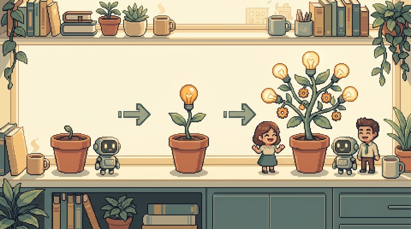 Pixel art growth sequence: a seed becomes a plant bearing lightbulb fruit as a robot and people tend it