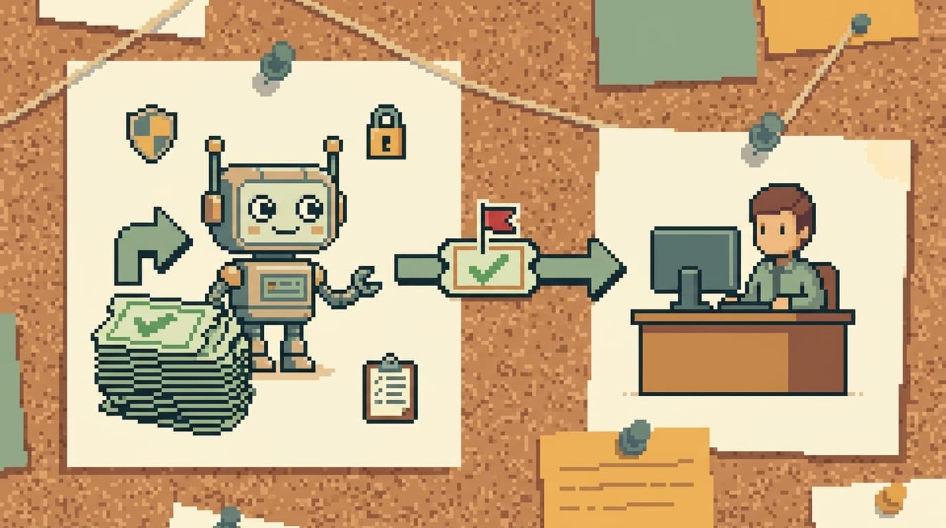 Pixel-art flow: an AI agent autonomously resolving routine tickets with guardrails (shield, lock, audit log) while escalating one flagged ticket to a human