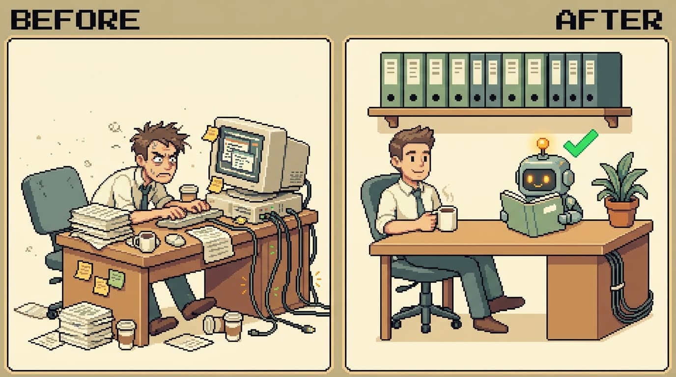 Pixel art before-and-after: a chaotic desk versus the same desk tidy, with documented processes on a shelf and a robot calmly reading one